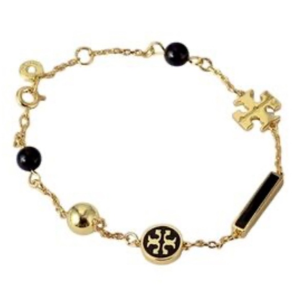 TORY BURCH Kira Scattered Rosary Bracelet BLACK Enamel / GOLD NWT - Picture 1 of 3